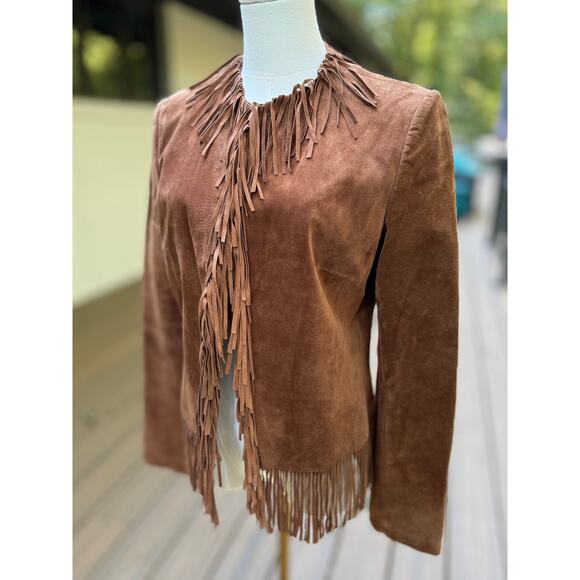 VTG Brown Suede Leather Fringe Western Boho Jacket Coat Siena Studio M Excellent - Picture 10 of 13